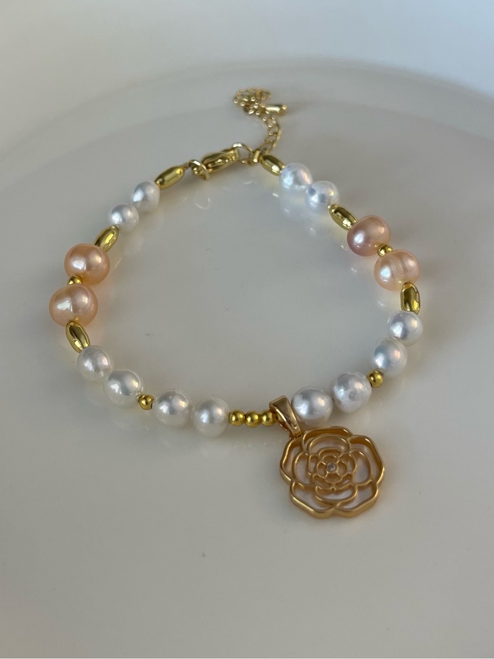 Gold Rose Charm Pearl Bracelet - White & Peach Freshwater Pearls